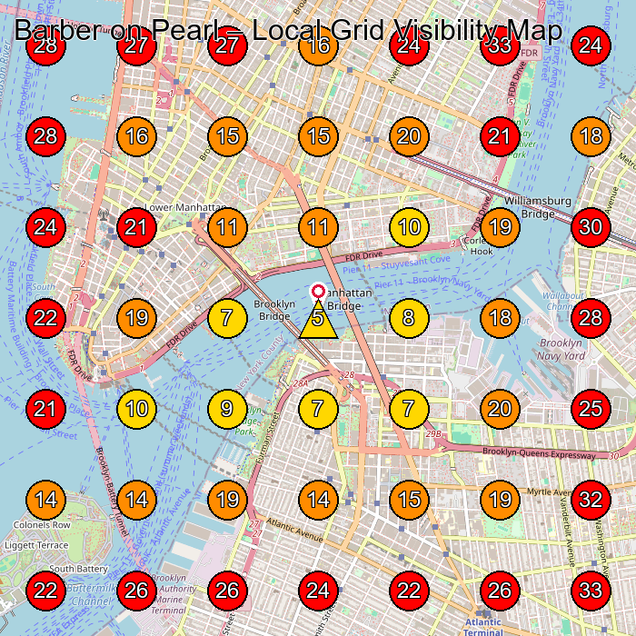 Barber on Pearl GeoGrid visibility map for Hair Salon in Brooklyn
